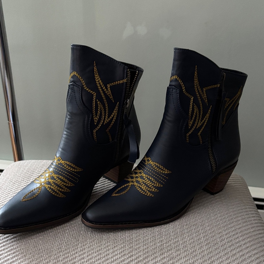 Elegant Navy and Gold Heeled Boots